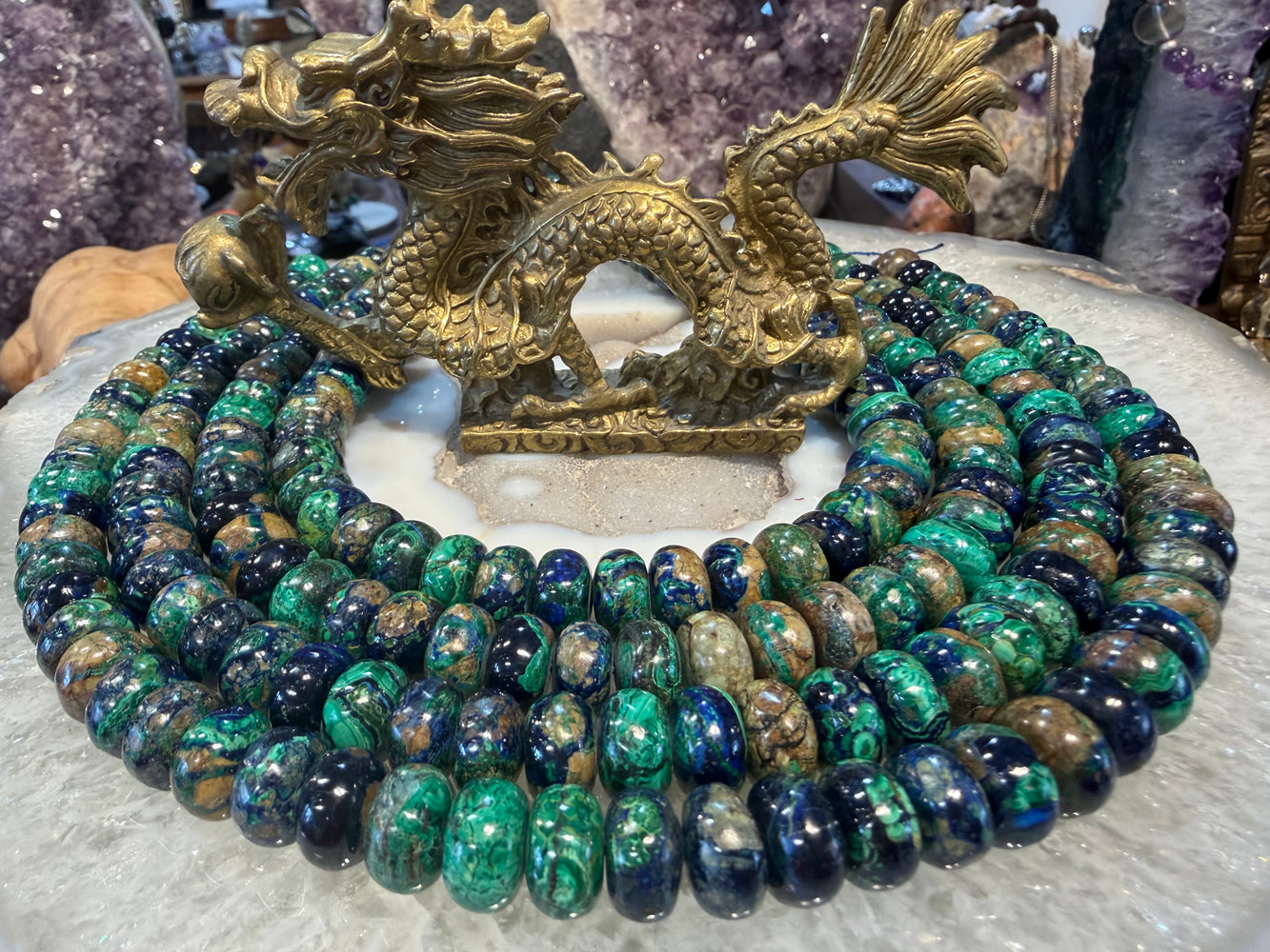 Azurite malachite 12mm smooth rondelle gemstone beads