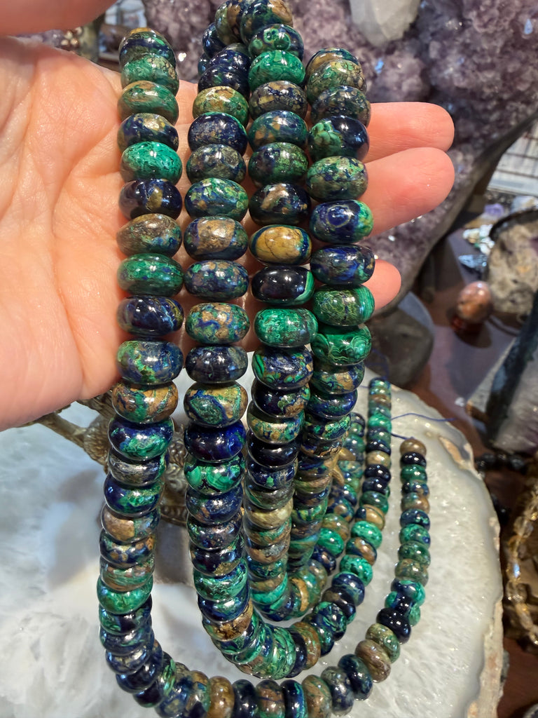 Azurite malachite 12mm smooth rondelle gemstone beads