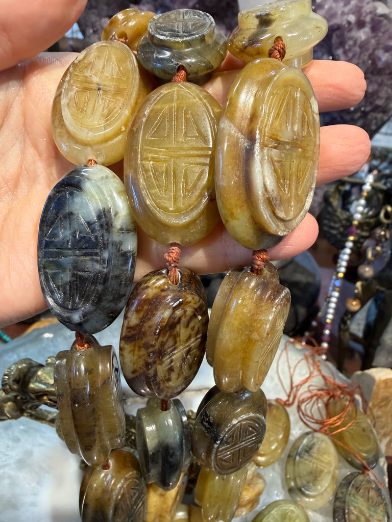 Serpentine carved oval 40mm gemstone beads