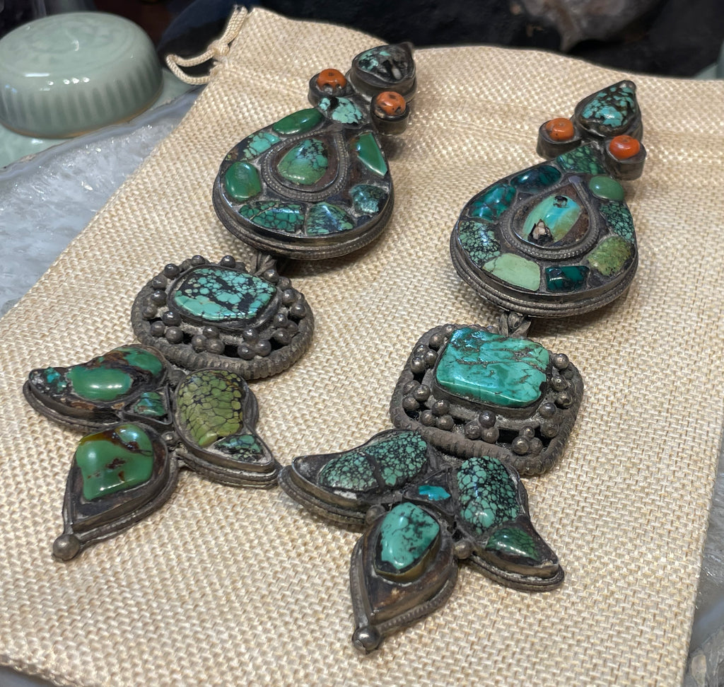 Huge Rare Antique Tibetan turquoise & coral Akor earrings