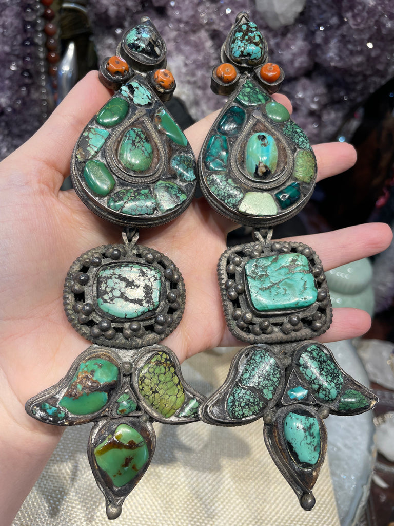 Huge Rare Antique Tibetan turquoise & coral Akor earrings