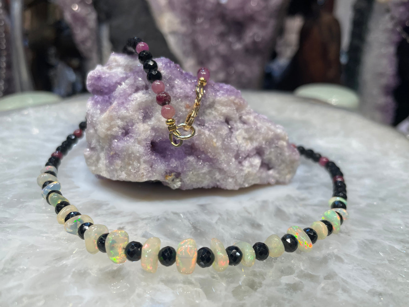 Stunning opal ruby & black spinel gemstone necklace
