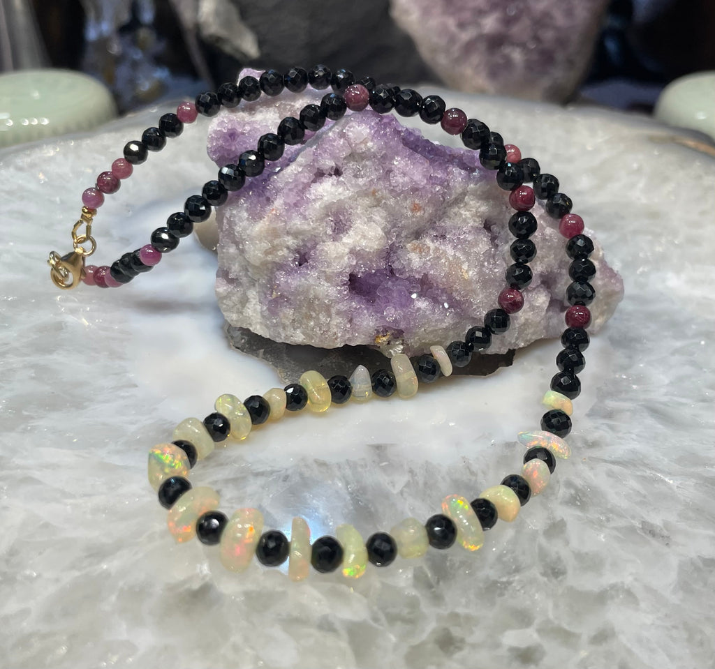 Stunning opal ruby & black spinel gemstone necklace