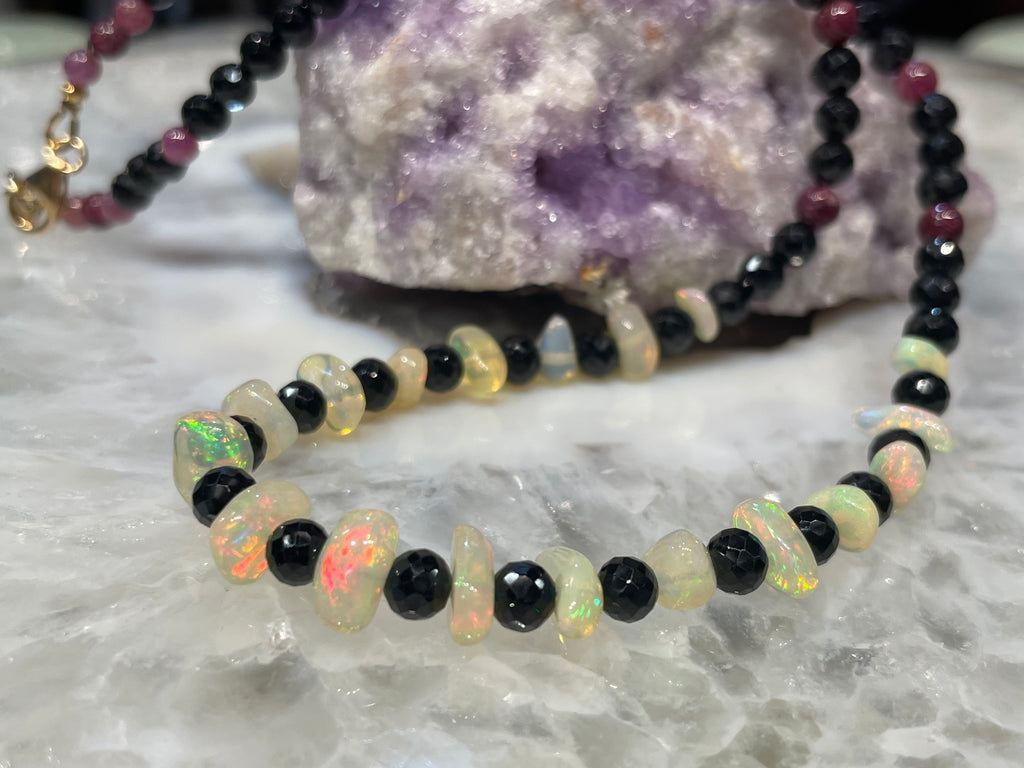 Stunning opal ruby & black spinel gemstone necklace