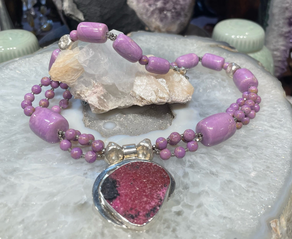 Gorgeous Phosphosiderite & pink cobaltoan calcite Sterling gemstone necklace