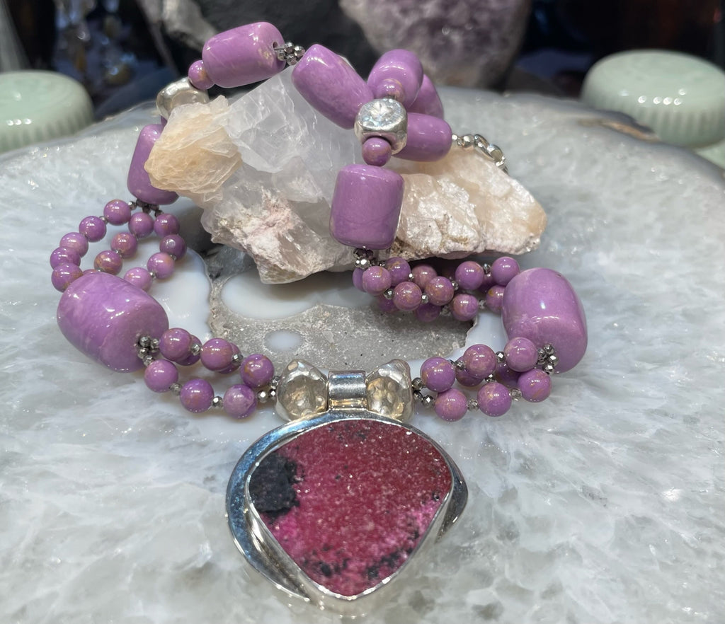 Gorgeous Phosphosiderite & pink cobaltoan calcite Sterling gemstone necklace