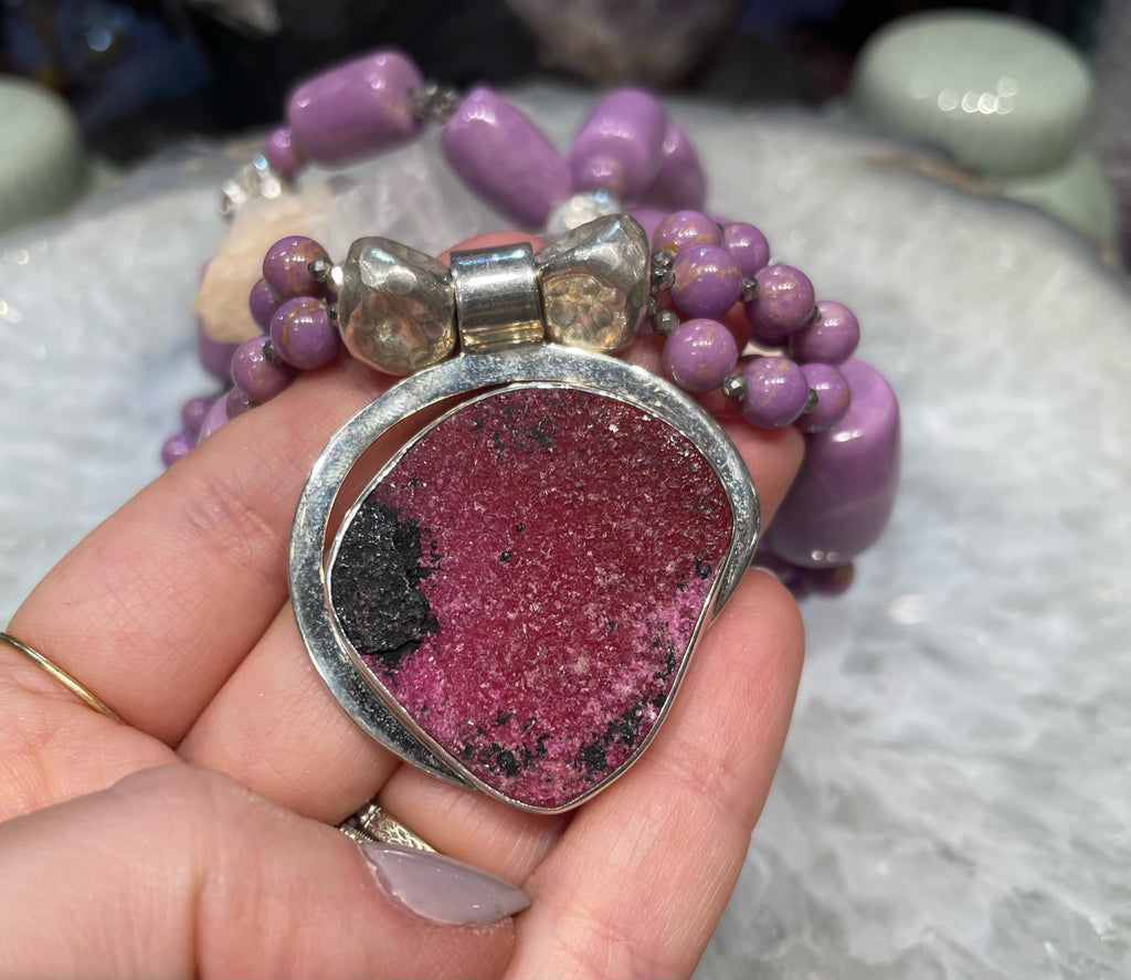 Gorgeous Phosphosiderite & pink cobaltoan calcite Sterling gemstone necklace