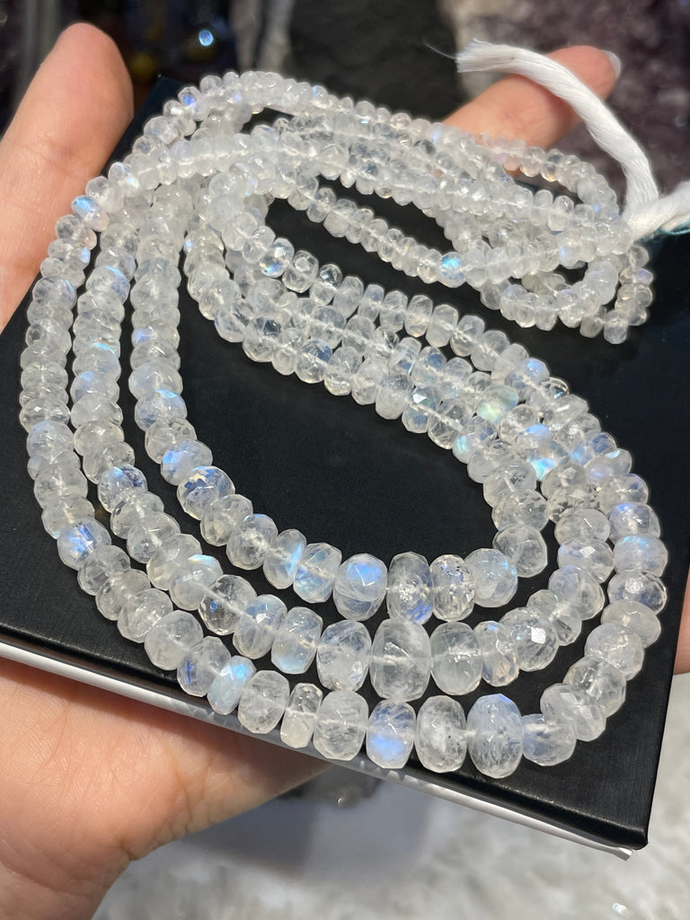 White Moonstone with Blue Flash Faceted Rondelle Gemstone Beads