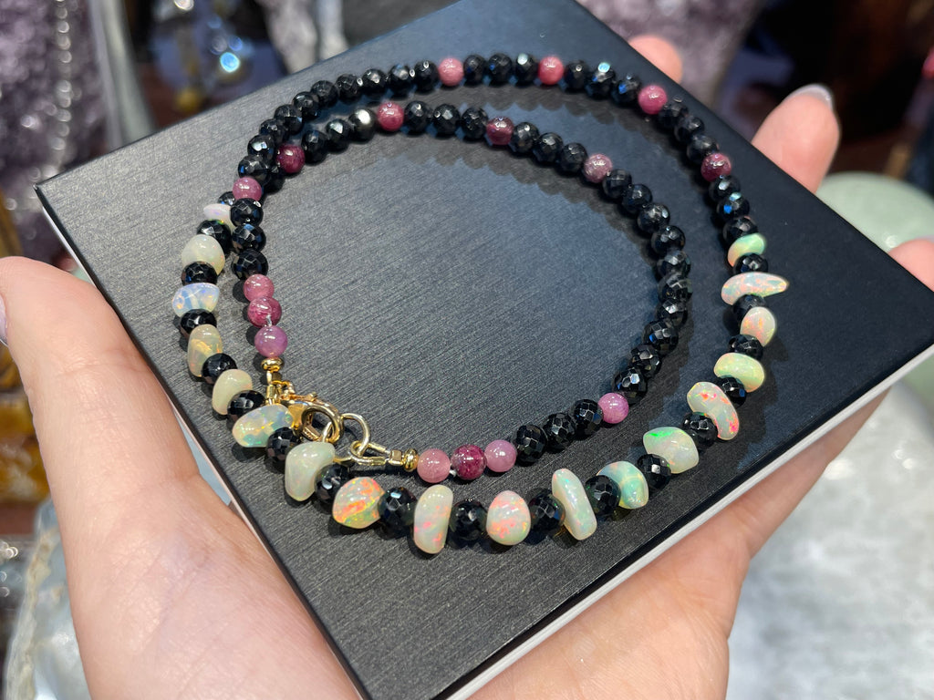 Stunning opal ruby & black spinel gemstone necklace