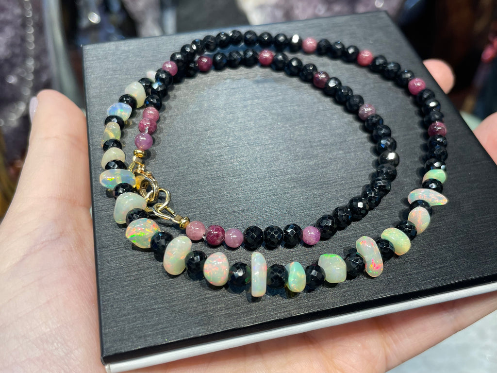 Stunning opal ruby & black spinel gemstone necklace