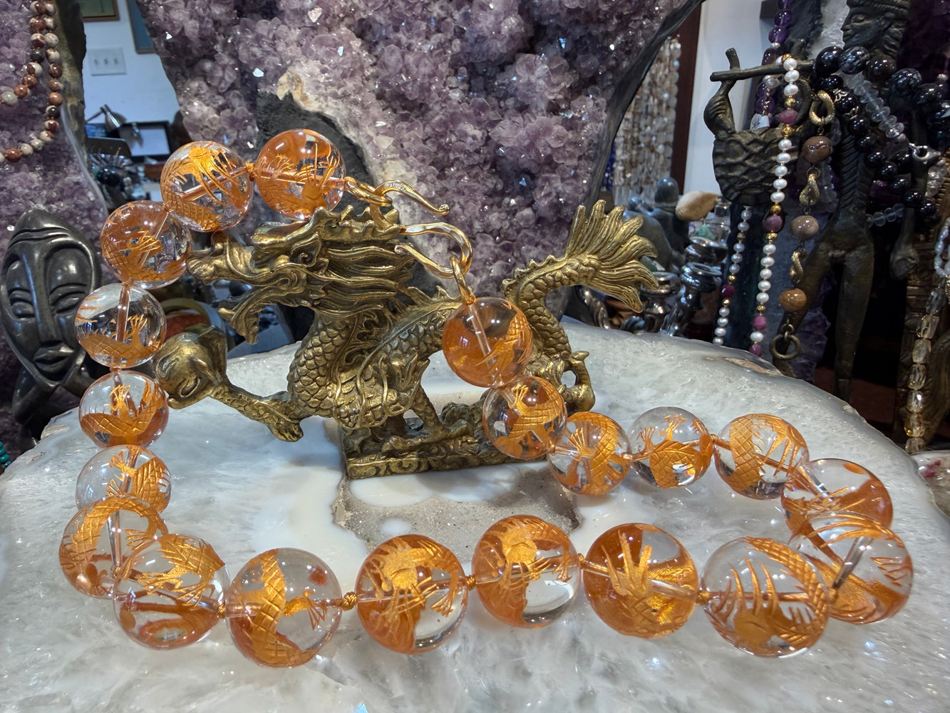 Gorgeous Quartz with gold dragon 20mm gemstone necklace