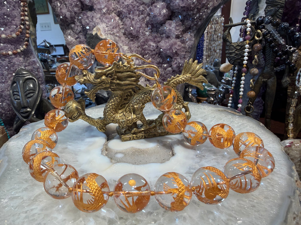 Gorgeous Quartz with gold dragon 20mm gemstone necklace