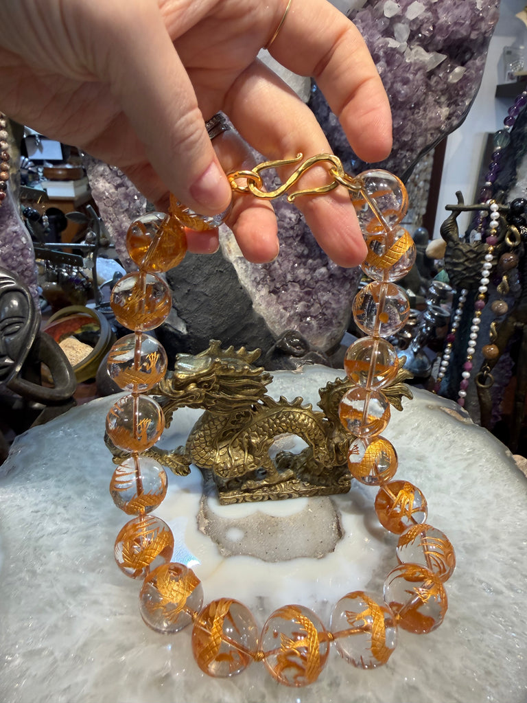 Gorgeous Quartz with gold dragon 20mm gemstone necklace