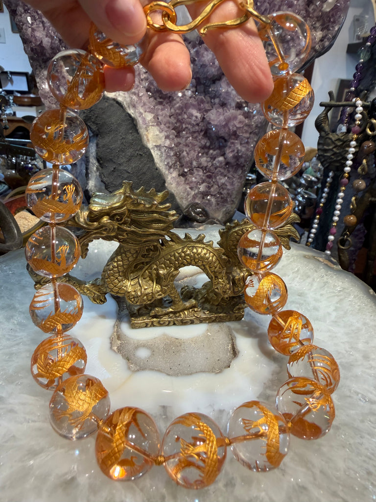 Gorgeous Quartz with gold dragon 20mm gemstone necklace
