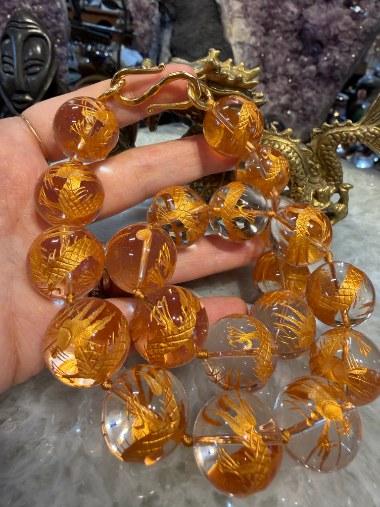 Gorgeous Quartz with gold dragon 20mm gemstone necklace