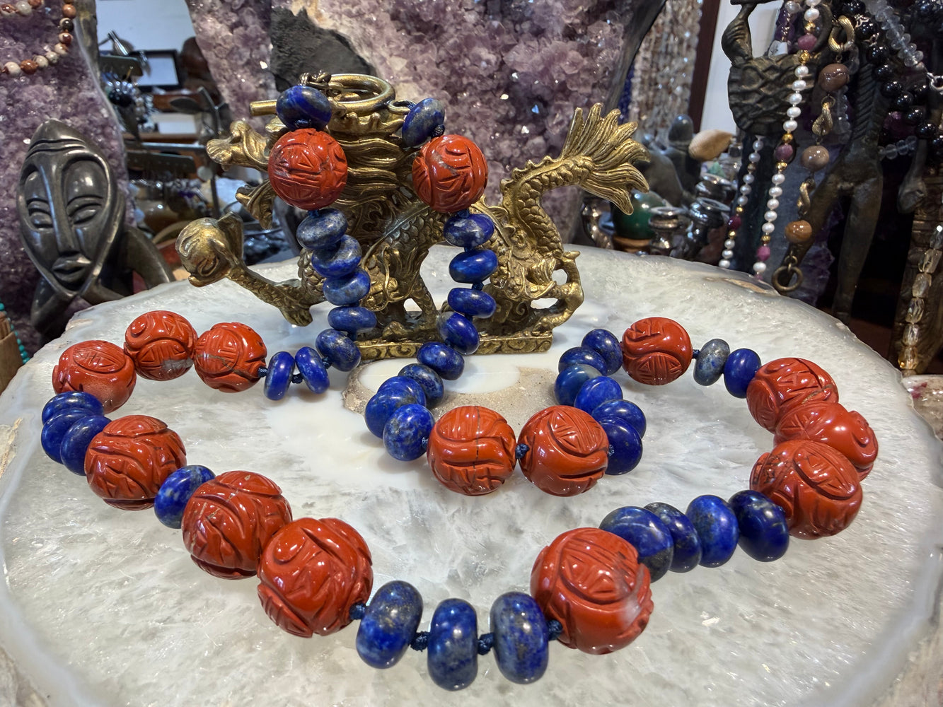 Superb Red jasper carved & matte lapis gemstone necklace