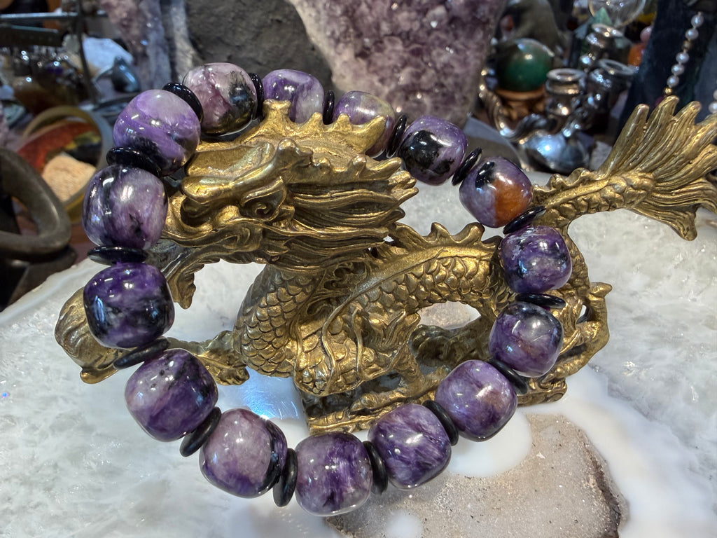 Beautiful Chatoyant Purple Charoite Gemstone Bead Bracelet #1