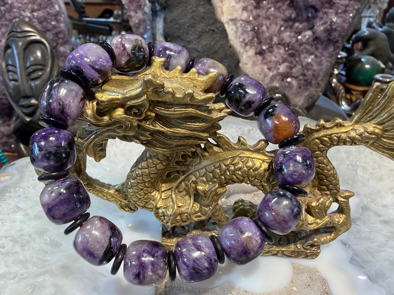 Beautiful Chatoyant Purple Charoite Gemstone Bead Bracelet #1