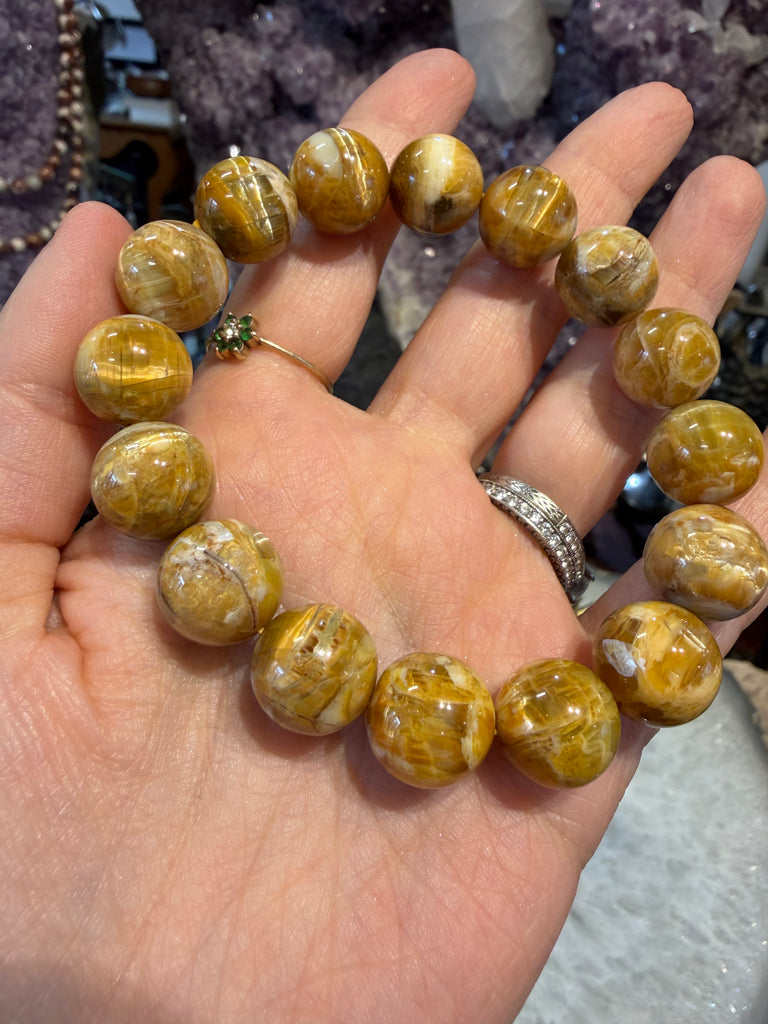 Rare 13mm Cat’s Eye Yellow Opal Round Gemstone Bracelet