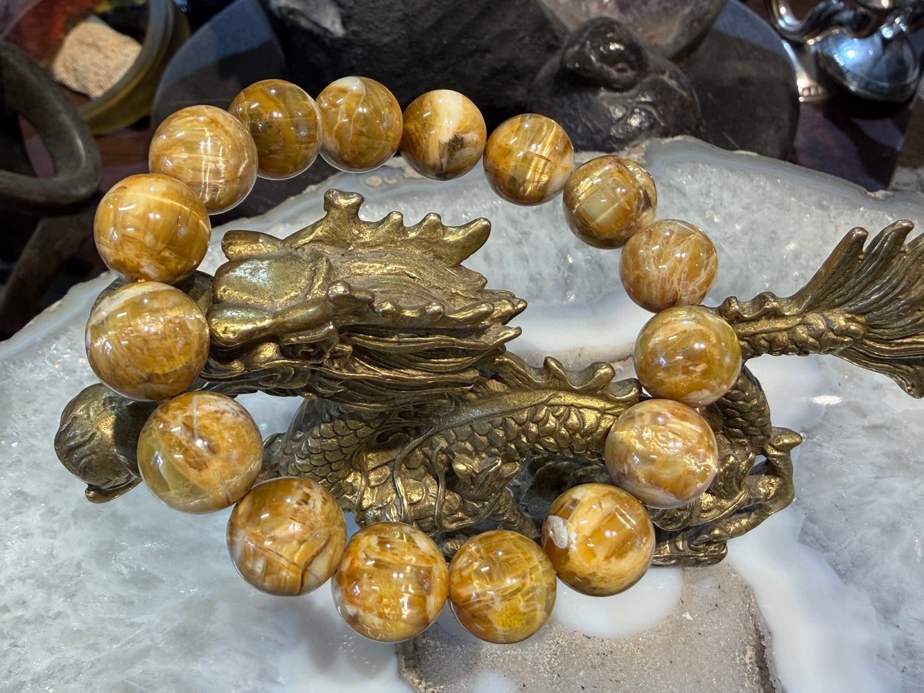 Rare 13mm Cat’s Eye Yellow Opal Round Gemstone Bracelet