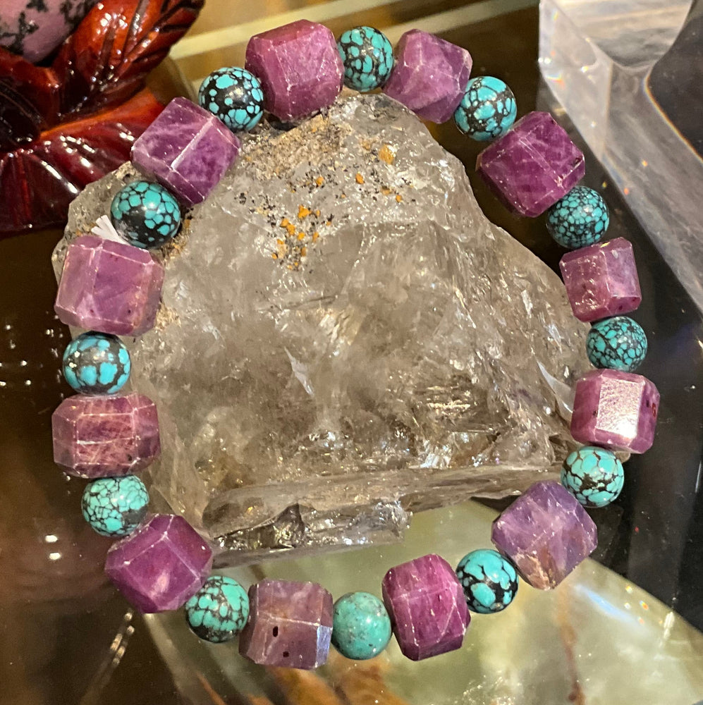 Rare Beautiful Natural Ruby Hexagon & Turquoise gemstone bracelet