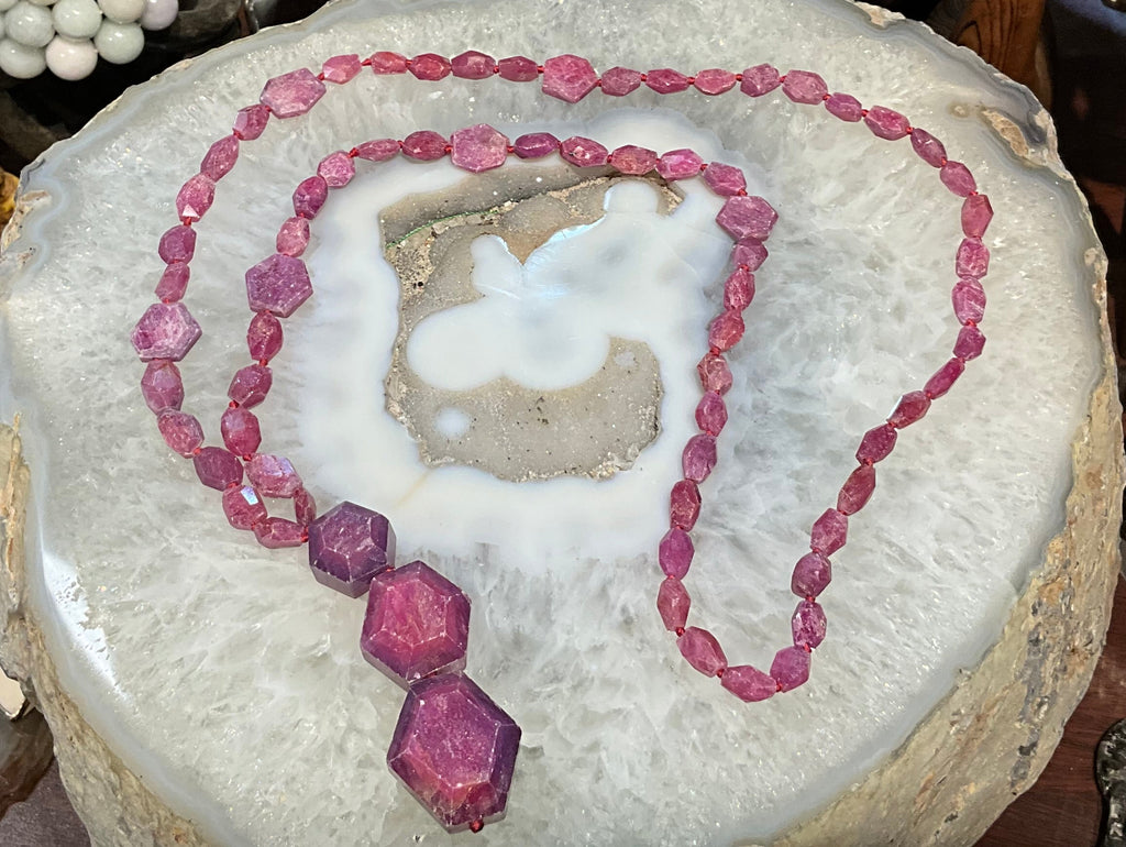 Rare Old Stock Natural Ruby Faceted Hexagon Gemstone Beads Necklace