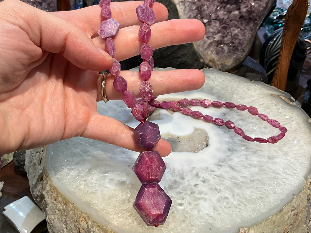 Rare Old Stock Natural Ruby Faceted Hexagon Gemstone Beads Necklace