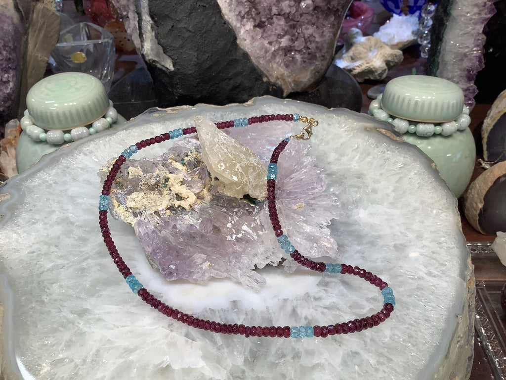 Stunning Gem Quality Pink Rhodolite Garnet Faceted Rondelle & Aqua Apatite Gemstone Necklace