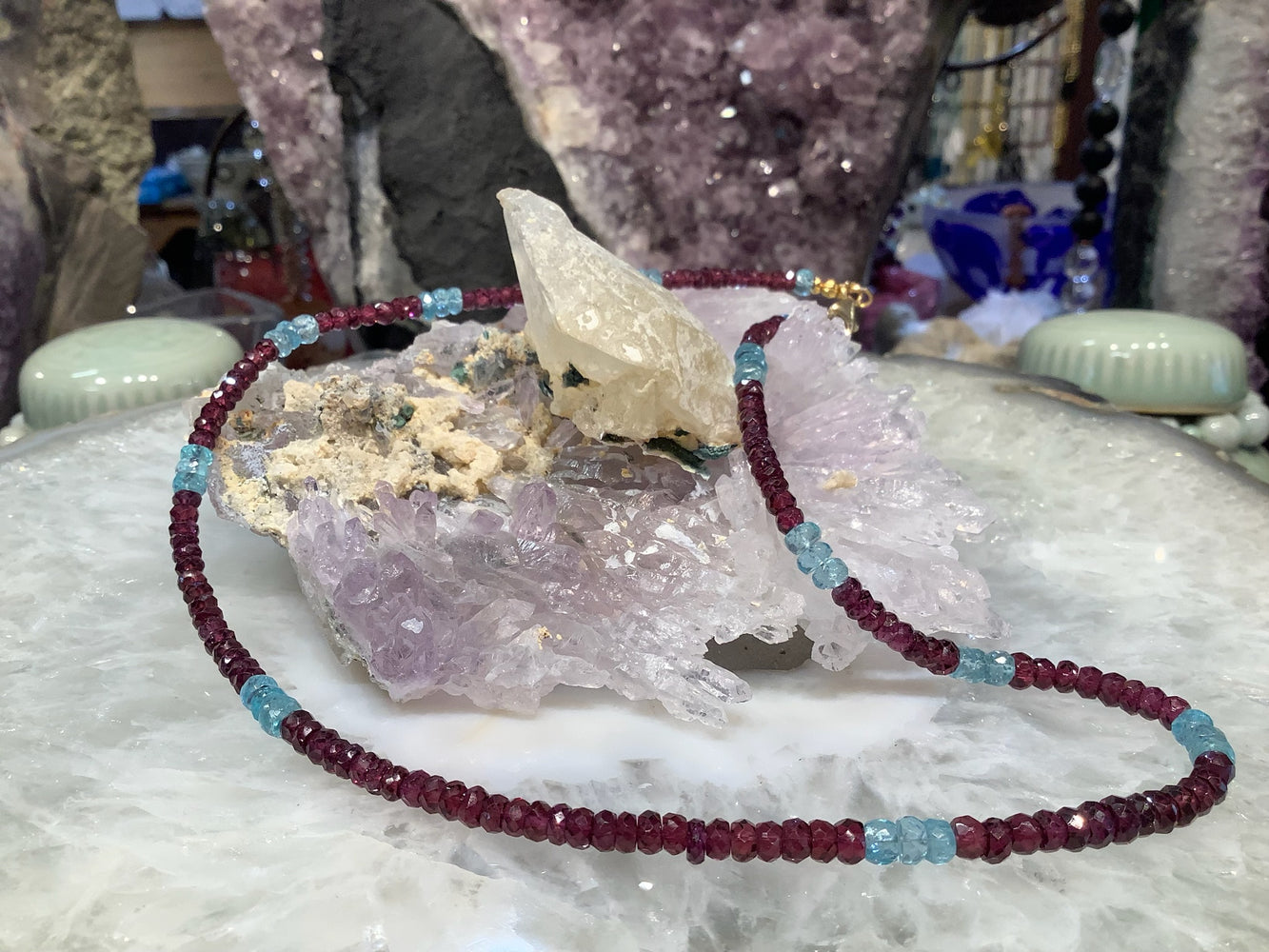 Stunning Gem Quality Pink Rhodolite Garnet Faceted Rondelle & Aqua Apatite Gemstone Necklace