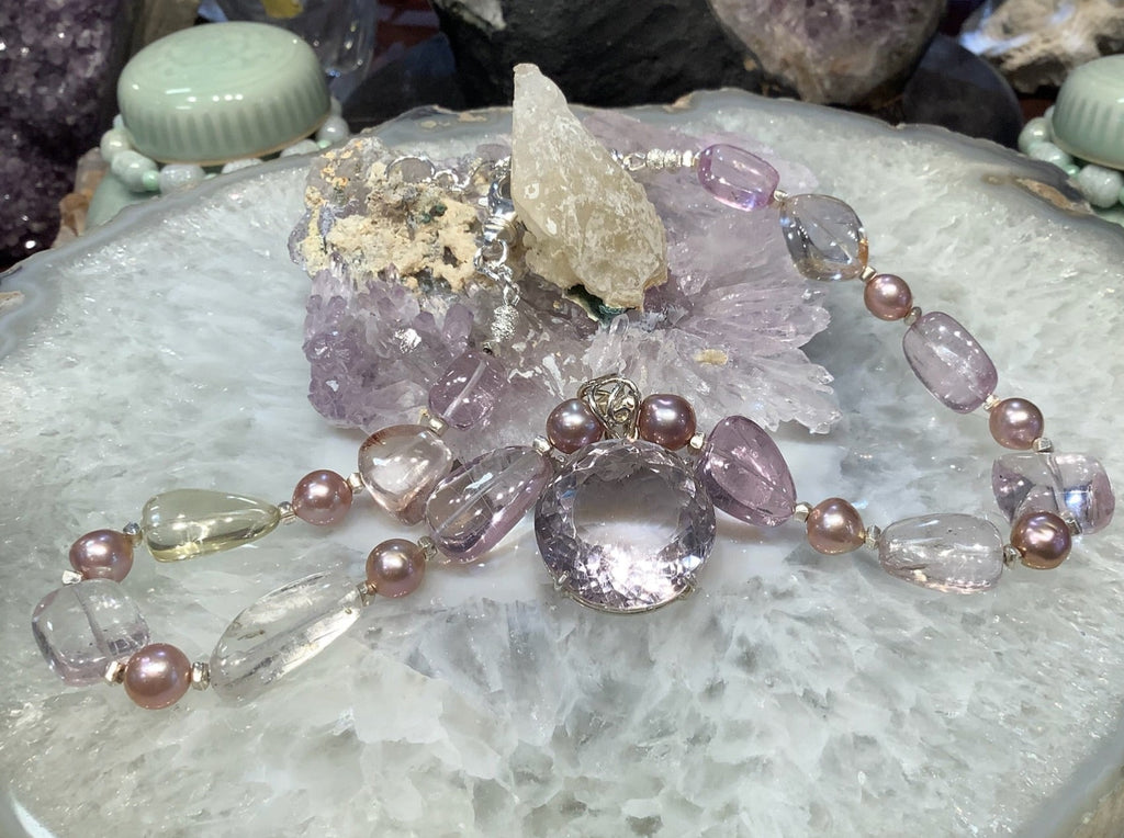 Natural Gem Pink Kunzite, Lilac Edison Pearls & Pink Amethyst Gemstone Bead Necklace