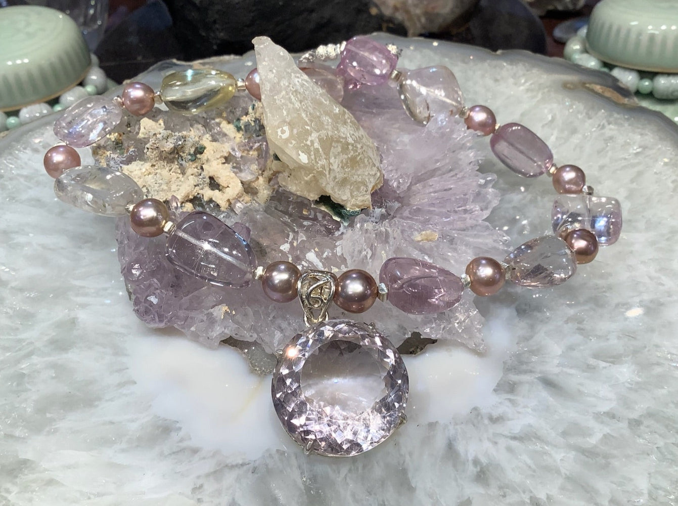 Natural Gem Pink Kunzite, Lilac Edison Pearls & Pink Amethyst Gemstone Bead Necklace