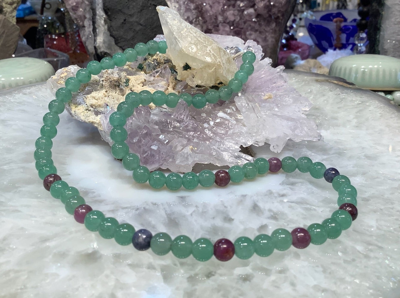 Green Aventurine & Natural Red Ruby / Sapphires Gemstone Bead Necklace
