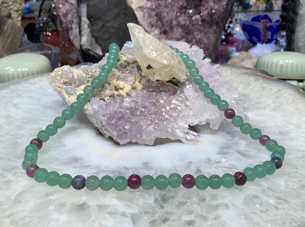 Green Aventurine & Natural Red Ruby / Sapphires Gemstone Bead Necklace