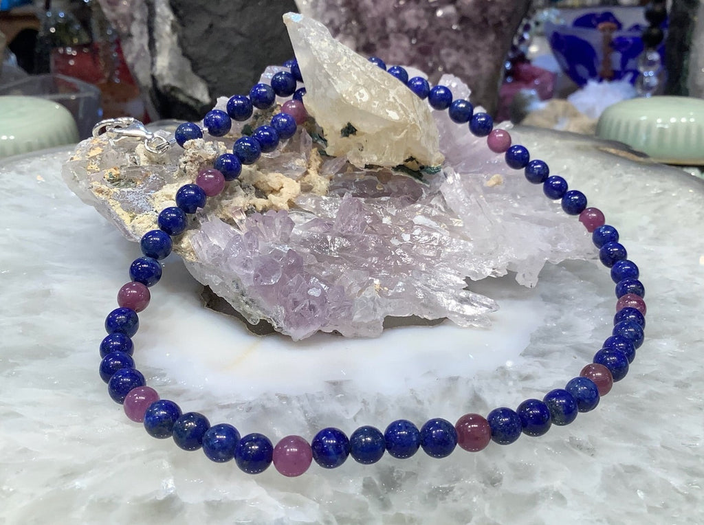 Blue Lapis Lazuli & Natural Red Ruby Gemstone Bead Necklace