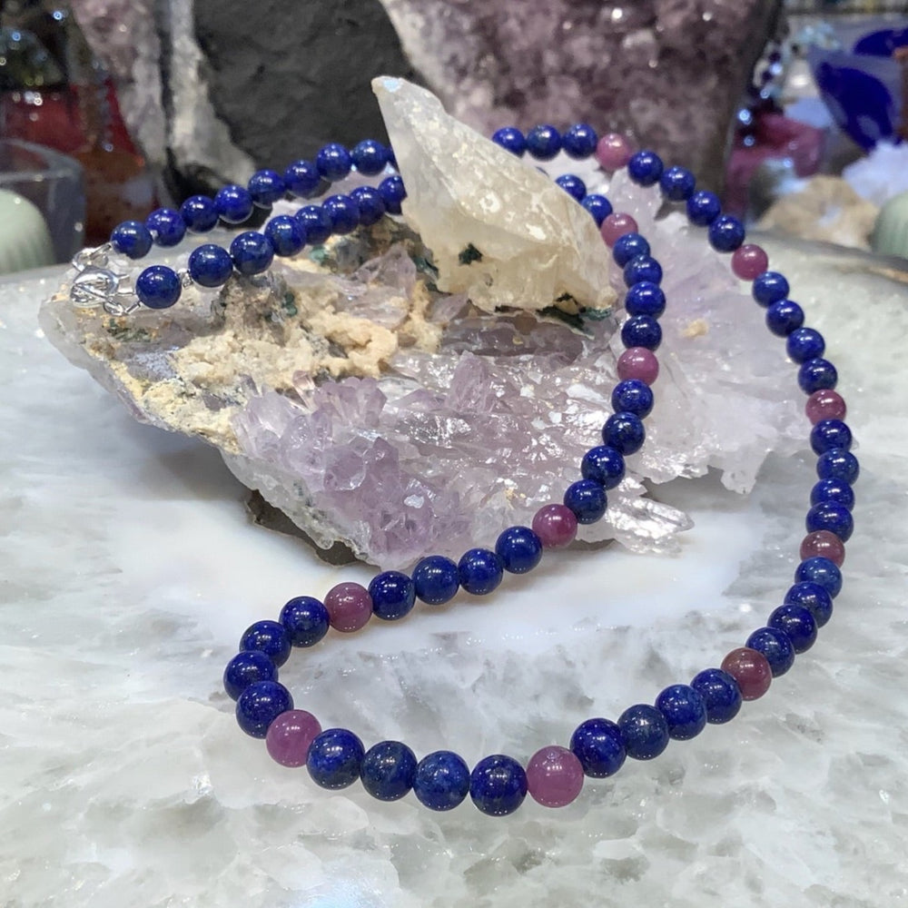 Blue Lapis Lazuli & Natural Red Ruby Gemstone Bead Necklace