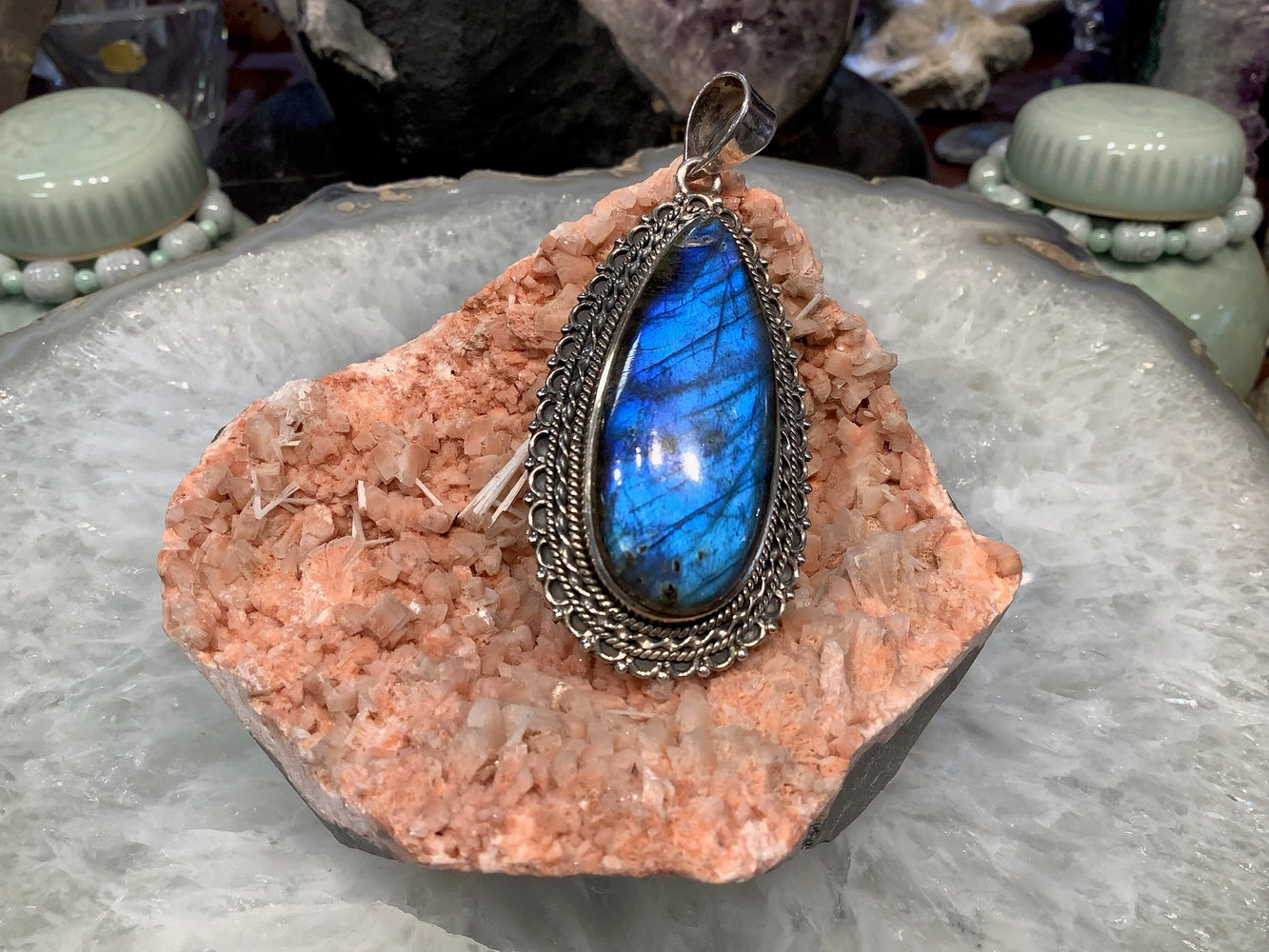 Large Blue Flash Labradorite with Sterling Silver Gemstone Pendant