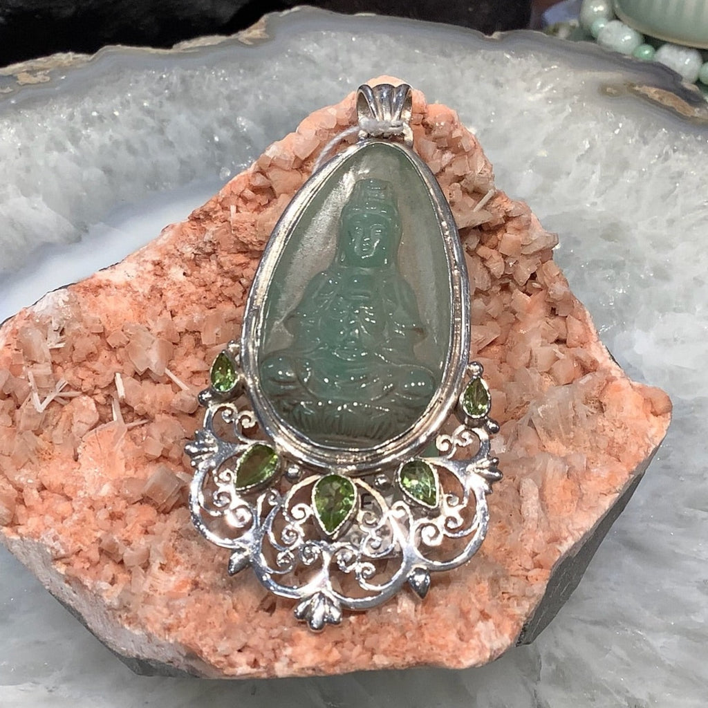 Handmade Natural Carved Aventurine Buddha & Peridot & Sterling Silver Pendant