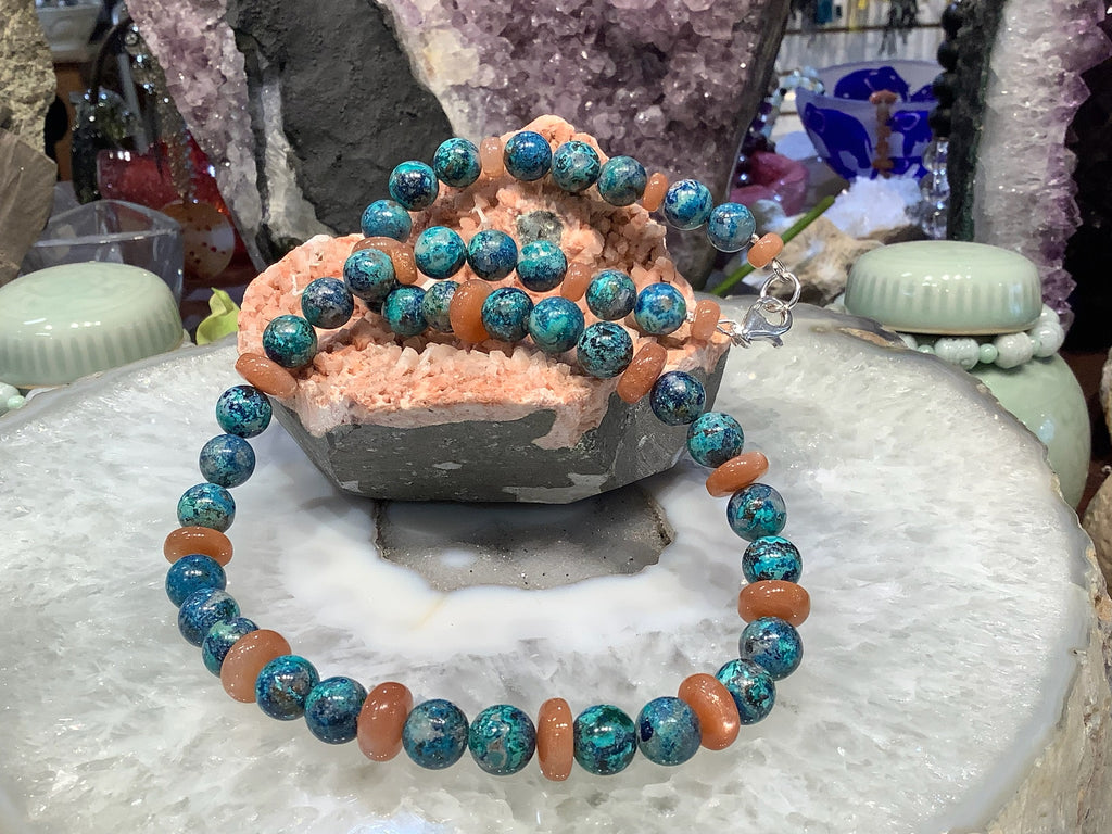 Aqua Blue Chrysocolla & Orange Moonstone Gemstone Necklace