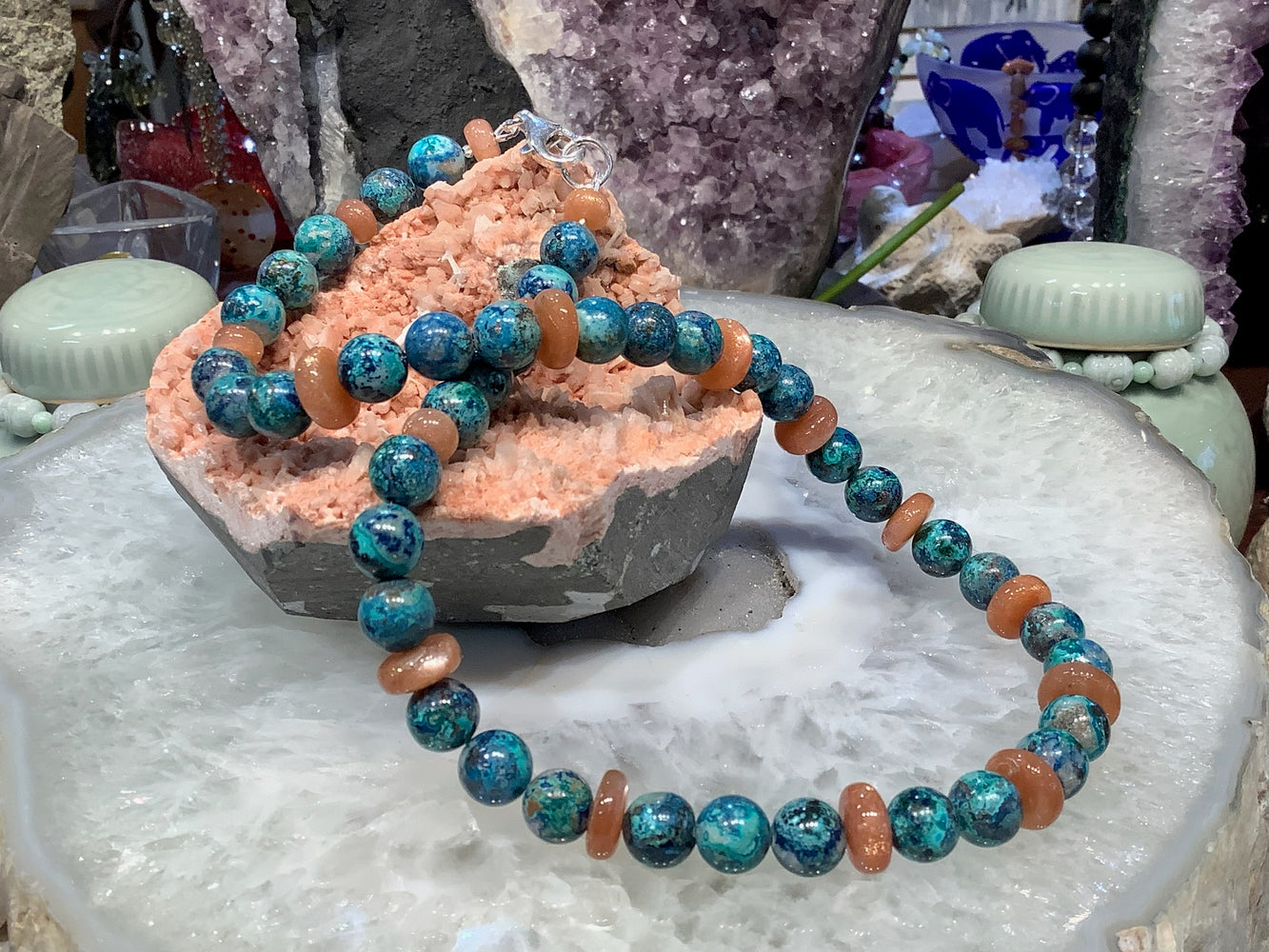 Aqua Blue Chrysocolla & Orange Moonstone Gemstone Necklace