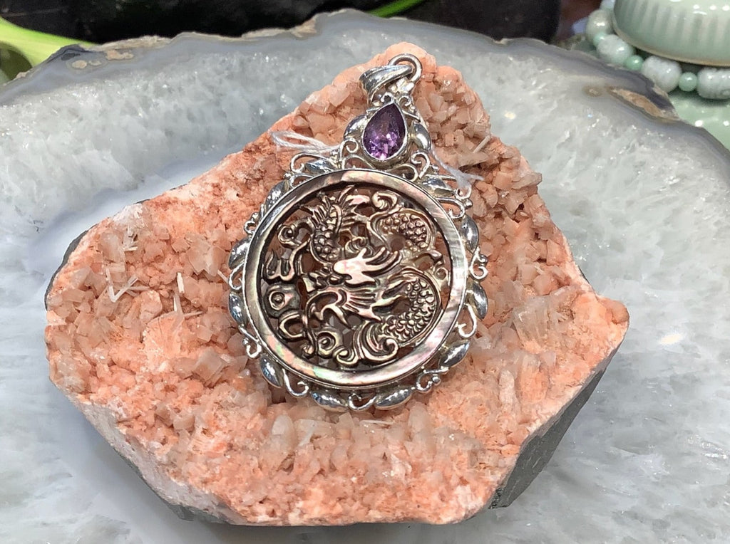 Stunning Gem Cut Amethyst & Carved Shell Sterling Silver Pendant from Nepal