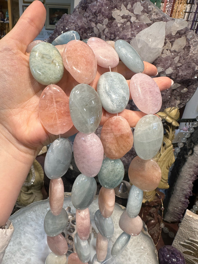 Stunning Large Blue Aquamarine Pink Morganite Oval Nugget Gemstone Beads