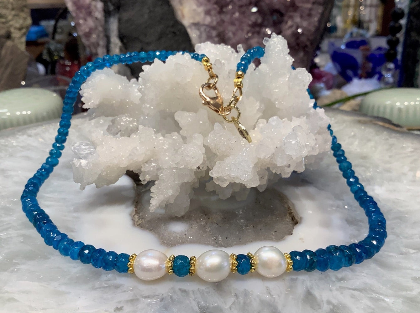 Natural Faceted Neon Apatite & Freshwater Pearl Gemstone Necklace
