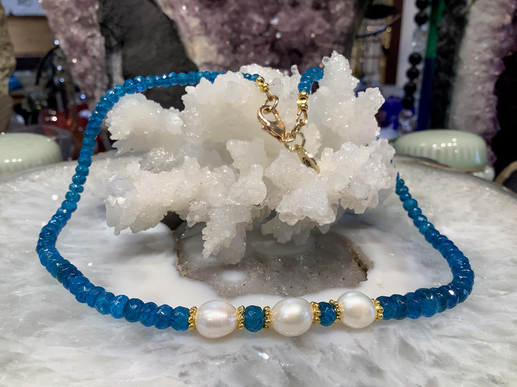 Natural Faceted Neon Apatite & Freshwater Pearl Gemstone Necklace