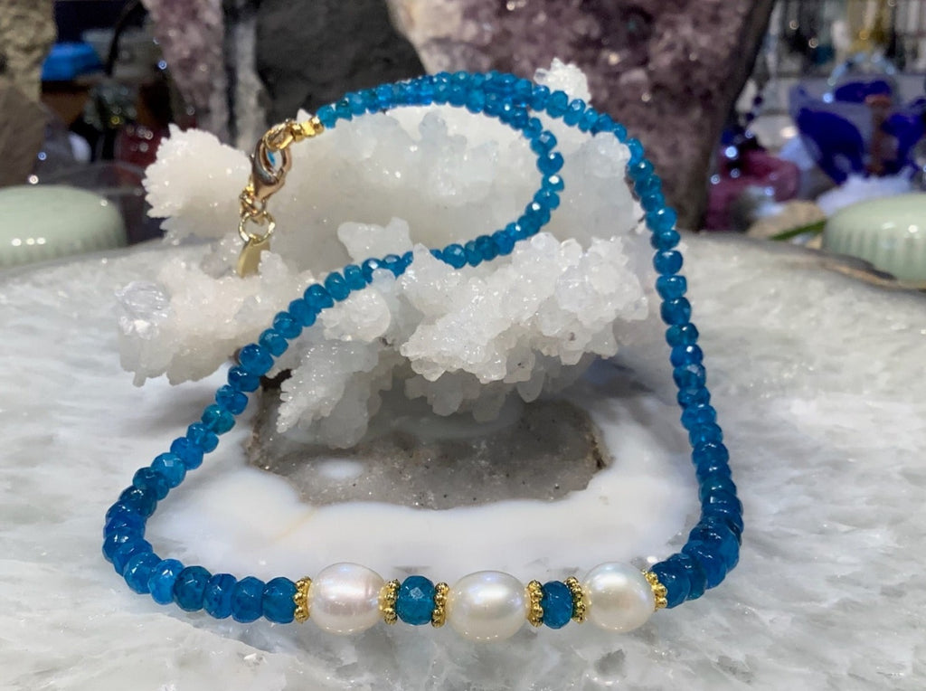 Natural Faceted Neon Apatite & Freshwater Pearl Gemstone Necklace
