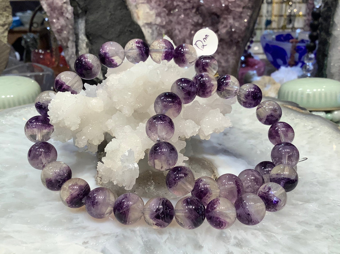 Stunning Rare 12mm Purple Fluorite in Quartz Gemstone Strand