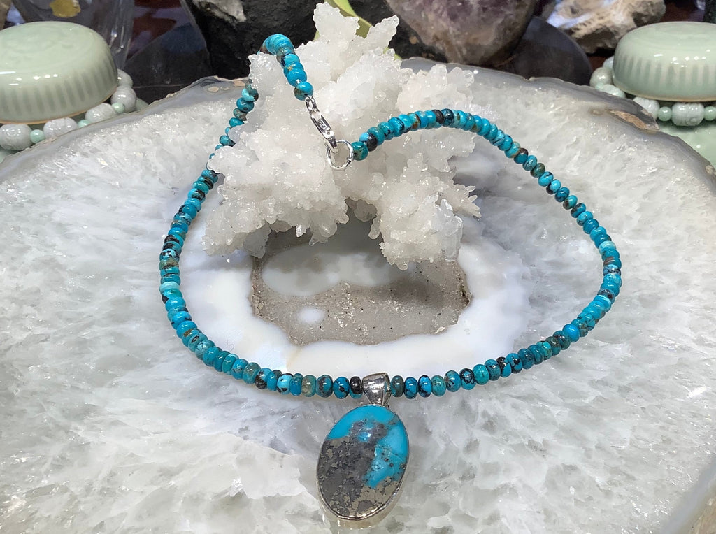 Beautiful Natural Turquoise Gemstone Necklace with Sterling Turquoise Pendant