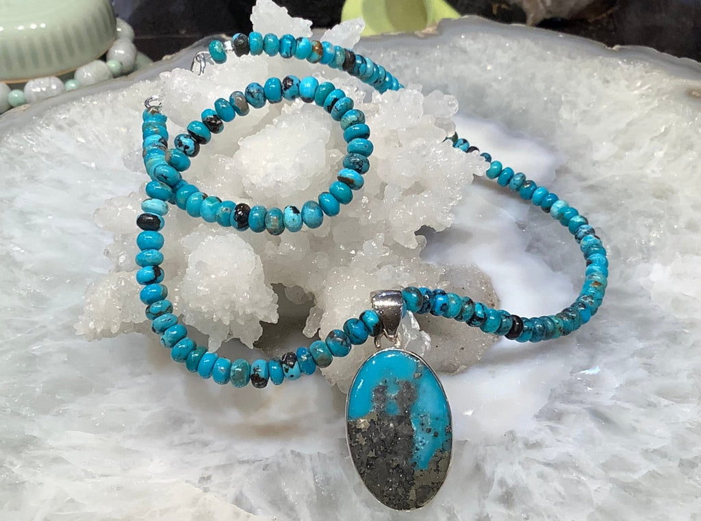 Beautiful Natural Turquoise Gemstone Necklace with Sterling Turquoise Pendant