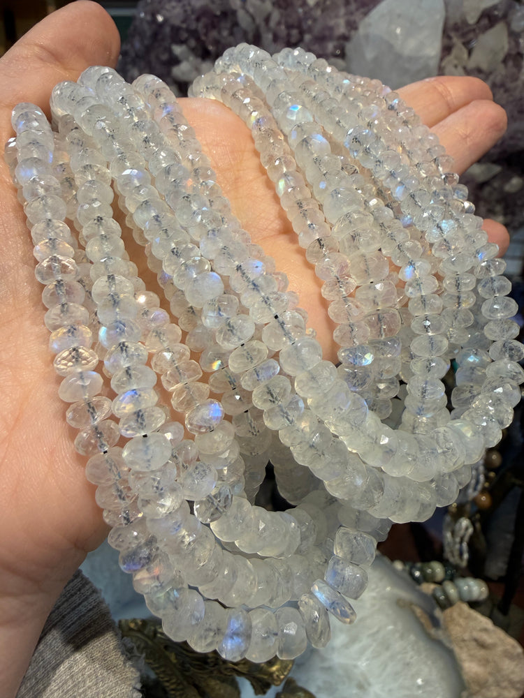 Sparkling White Moonstone with Blue Flash Faceted Rondelle Gemstone Beads