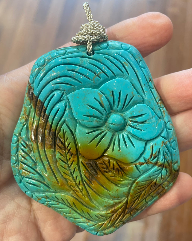 Stunning Large Natural Hand Carved Blue Turquoise Floral Gemstone Pendant