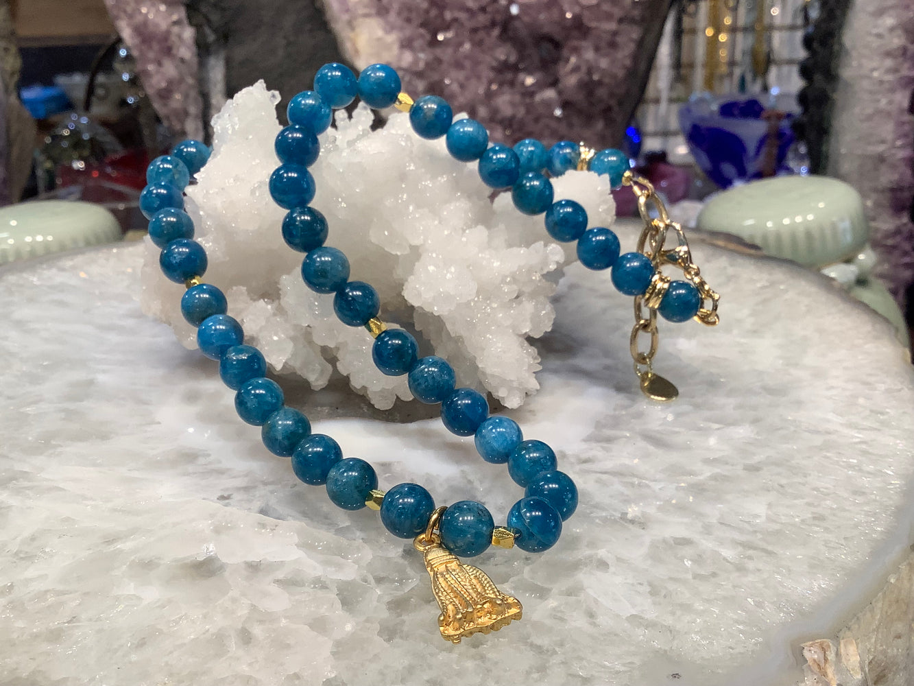 Natural 8mm Aqua Blue Apatite Gemstone Necklace